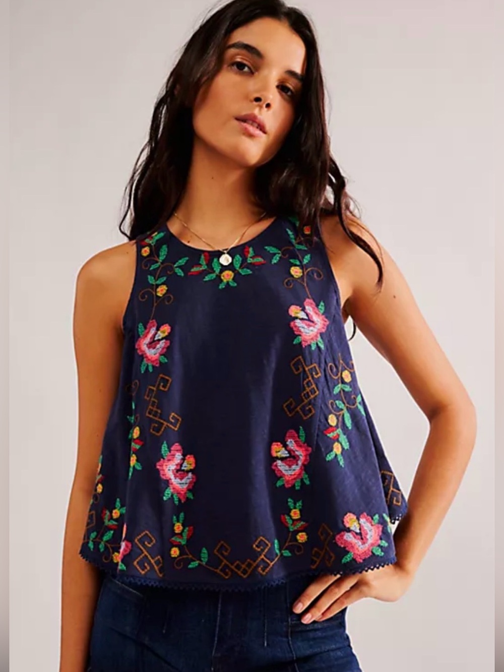 Free People Navy Embroidered Floral Swing Cami